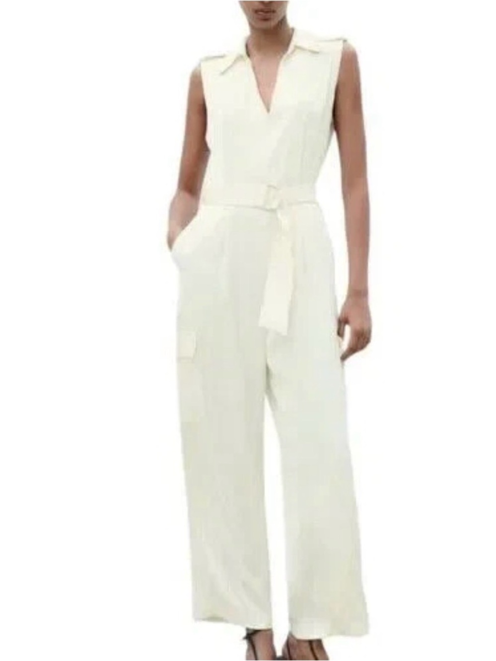 Zara Sleeveless Satin Cream Utility Jumpsuit with Belt NWT